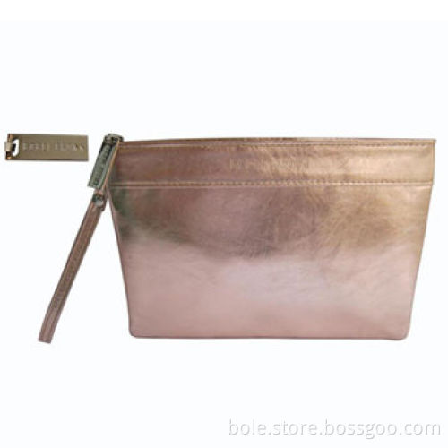 Metallic PU Cosmetic Bag, metal zipper, metal puller with emboss logo, cute wrist handle